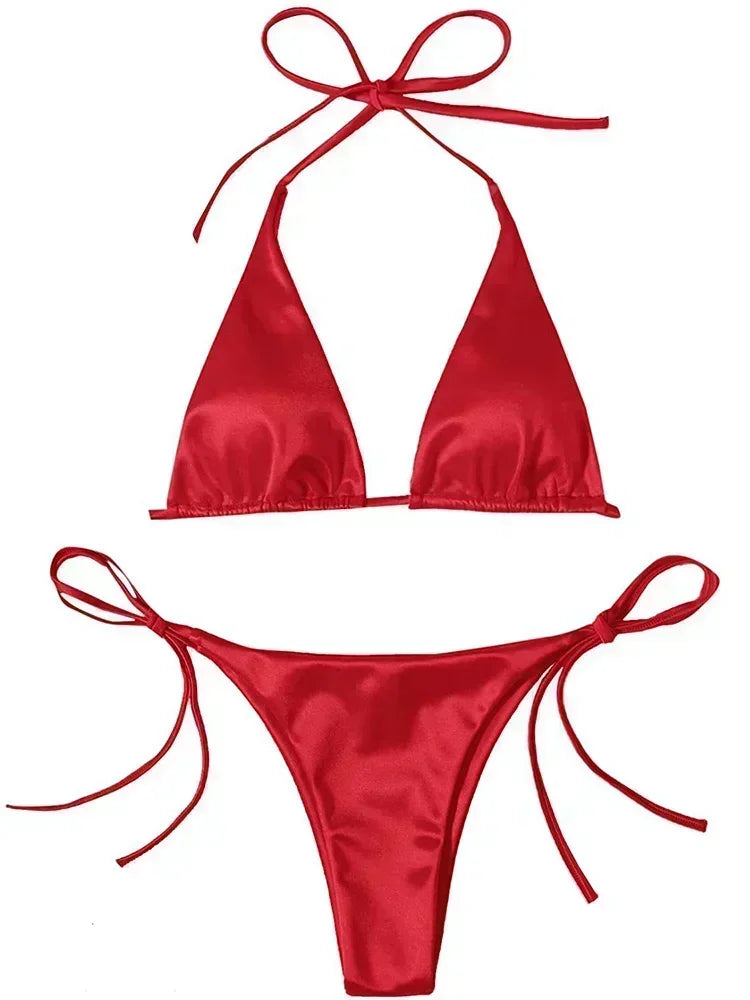 Metallic Satin Bikini Damen – Wrap Around Halter Zweiteiler